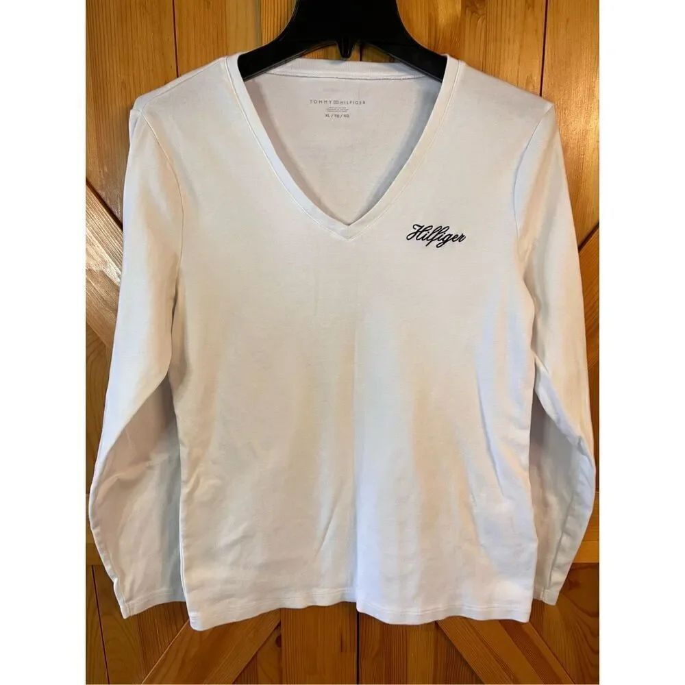 Tommy Hilfiger V Neck Top Long Sleeve White Size XL (2802)